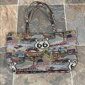 Route 66 Tapestry Tote Bag - Blue and Brown